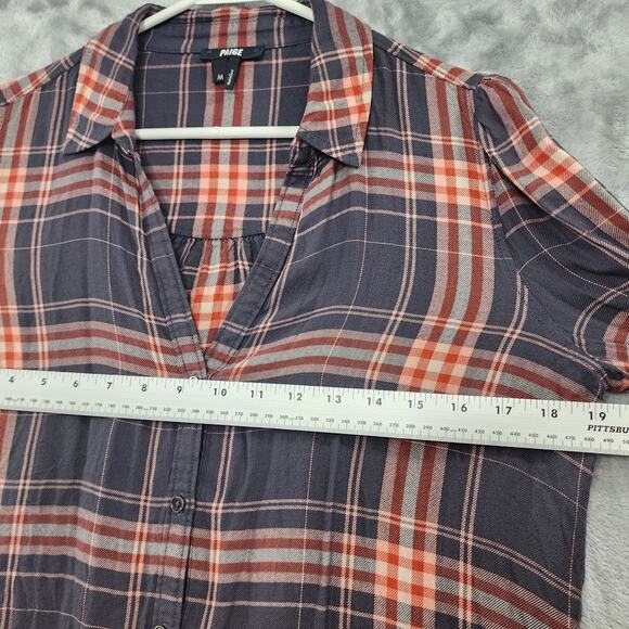 PAIGE Top Womens M Red Gray Clemence Plaid Long Sleeve Viscose Oversized Light - Picture 6 of 8